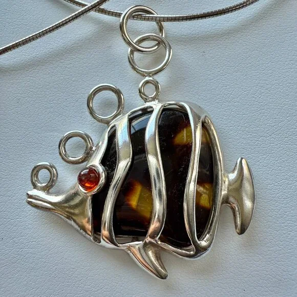 Sterling Silver Baltic Amber Fish on Sterling Snake chain - Picture 2 of 5